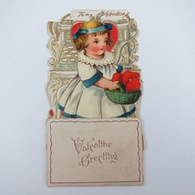 Vintage Valentine 3D Pop Up Die Cut Blonde Girl Blue White Dress Basket Hearts - £11.93 GBP