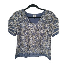 Cabi Knit Blouse M Womens V Neck Short Sleeve Floral Blue White See Through Top - £14.93 GBP