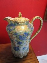 Nippon Japan Coffee Pot Porcelain Gold And Blue Flowers With Moriage - £137.98 GBP