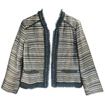 Chicos 0 Metallic Gold Black Tweed Stripe Chain Trim Open Front Jacket Blazer  - £18.32 GBP