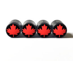 Red Maple Leaf Emoji Tire Valve Stem Caps - Black Aluminum - Set of Four - £12.48 GBP
