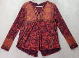 Lucky Brand Blouse Women Large Burgundy Floral Cotton Pleated Vented Lon... - $23.08