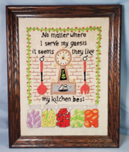 Embroidered Crewel Kitchen Sampler Completed in Larege 16x19&quot; Wood Frame Vintage - $54.40