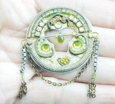 Vintage Ayala Bar Ornate Jeweled Pin Draped Chain Green Gold AB - £39.95 GBP