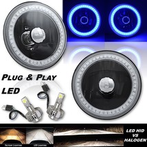 5-3/4&quot; Crystal SMD Blue LED Halo Angel Eye Black Headlight &amp; LED Light Bulb Pair - £130.71 GBP