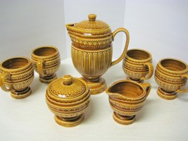 Royal Sealy Coffee Set Vintage Embossed Beaded Gold Brown Unique - $35.00