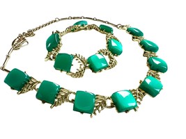 Vintage Signed Coro Green Moonglow Lucite Squares Bracelet &amp; Necklace Se... - $87.17