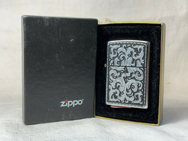 2003 Zippo Storming Scroll Lighter in Box Ornate Black/Silver Smoking Fire Camp - £39.87 GBP