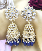 Gold Plated Bollywood Indian Kundan Big Jhumka Blue Earrings Jewelry Set - £30.36 GBP