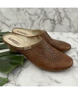 Pikolinos Mules Heels Size 39 Brown Leather Perforated Floral Wedge Slip On - $60.91 CAD
