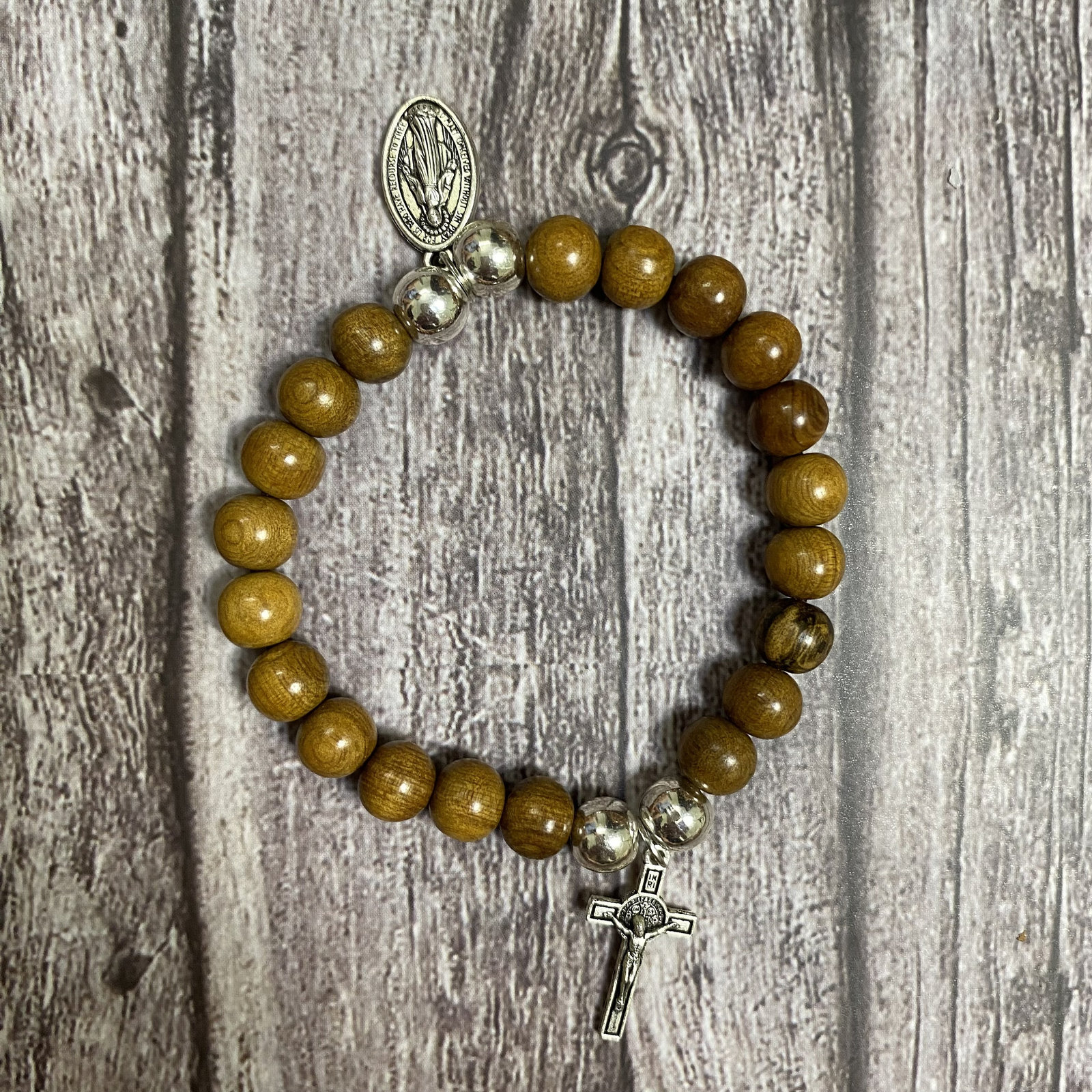 Natural wood Catholic Bracelet with crucifix and Mary Christian Bracelet - $17.90