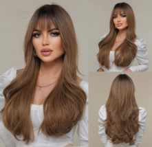 24&quot; Long Curly Wavy Brown Ombre Wig Bangs Glueless Cosplay Costume LC8074-4 - £26.66 GBP