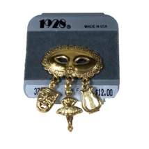 Vintage Brand 1928 Jewelry Co. Pin Brooch Dangling Charms Mask Ballerina Harp - £19.34 GBP