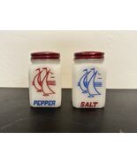 Vintage Nautical Salt and Pepper Shakers White Milk Glass Red  Blue Sail... - €14,77 EUR