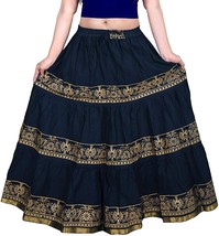 Handmade Ethnic Rajasthani Flared Women Skirt Elastic Waist Gold Print Navy Blue - £16.39 GBP
