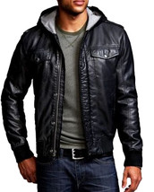Black Hooded Jacket Stretchable Waist Sleeves Front Buttons Zipper Men Leather - £109.26 GBP