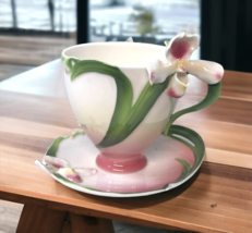 Franz Slipper Orchid Teacup Porcelain Saucer 3” Cup Pink Green 3D Floral... - $186.99