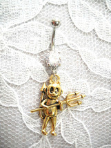 NEW GOLD TONE CUTE LIL DEVIL w HORNS &amp; PITCHFORK 14G NAVEL BARBELL BELLY... - $4.99