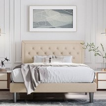 Full Size Adjustable Height Platform Bed Frame with Beige Upholstered Headboard - $7,096.78 MXN