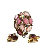1950&#39;s Pink Purplish Aurora Borealis Rhinestones Brooch Earrings Unmarke... - £51.43 GBP