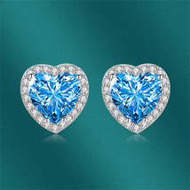 Blue Crystal &amp; Cubic Zirconia Silver-Plated Halo Heart Stud Earrings - £12.77 GBP