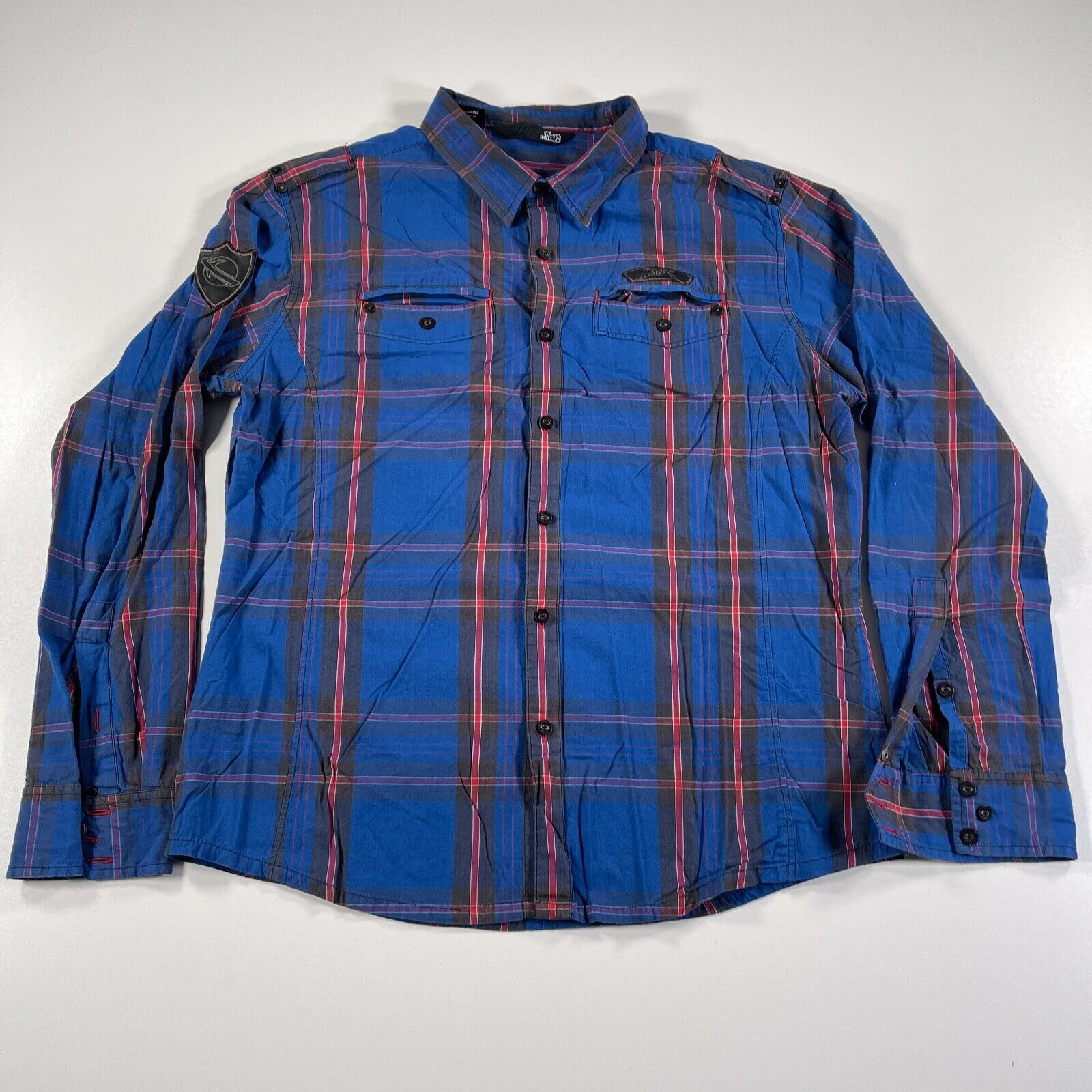 Primary image for ...fast Shirt Mens L Blue Red Plaid Button Down Cotton Skateboarding Abstract