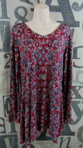 J. Jill Red Blue White BOHO Side Fall Tunic Top Women Medium Rayon Blend Stretch - £30.27 GBP