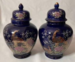 Vintage Japanese Ginger Jar Urn Set with Lids Cobalt Blue Satsuma Peacock Floral - £22.11 GBP