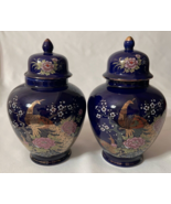 Vintage Japanese Ginger Jar Urn Set with Lids Cobalt Blue Satsuma Peacoc... - $27.50