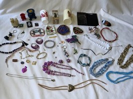 Vintage And Modern Junk Drawer Lot Jewelry Mugs Patches Ornaments Misc - £23.25 GBP