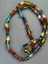 Vintage Long Colorful Various Shaped Glass &amp; Silvertone Bead Necklace – 35 inche - £14.72 GBP