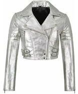 New Women Silver Jacket Crop Handmade Leather Lambskin Stylish Casual So... - $145.60+