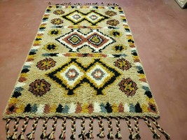 Vintage Portuguese Rya Style Shag Rug Moroccan Design 4x6 Wool Hand Woven Gold - £423.36 GBP