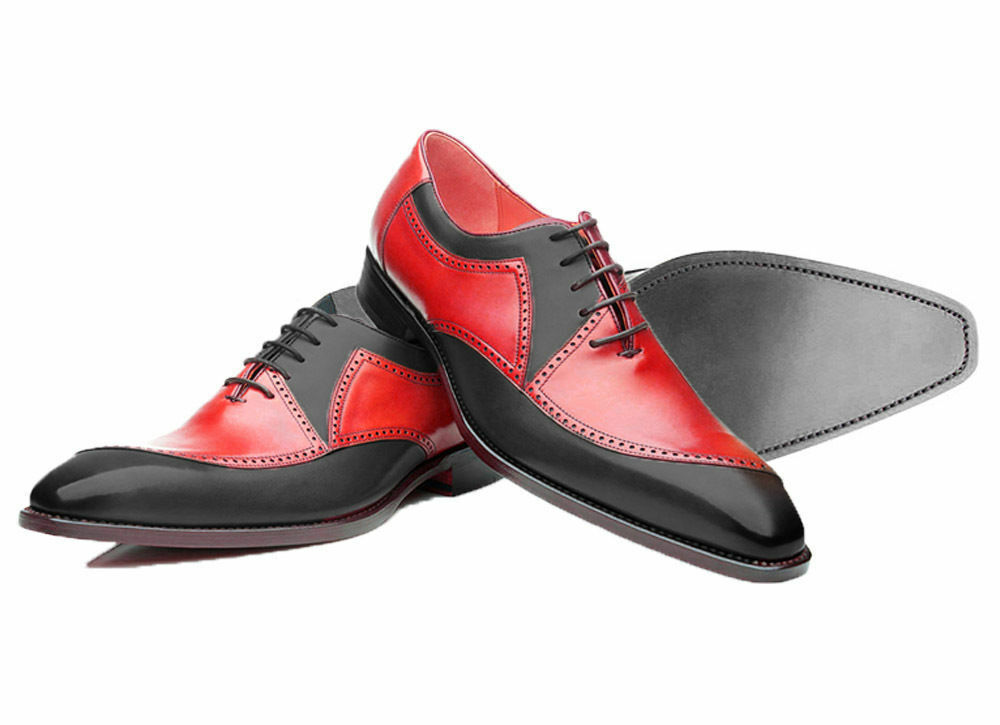 Men's Two Tone Red Black Contrast Genuine Leather Lace Up Handmade Shoes US 7-16