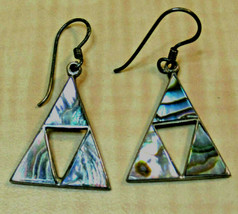 Vintage 925 Sterling Silver Mexico abalone pierced triangle drop Earrings - £19.71 GBP