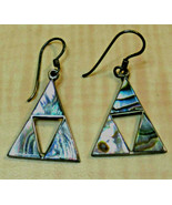 Vintage 925 Sterling Silver Mexico abalone pierced triangle drop Earrings - £19.37 GBP