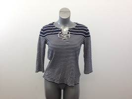 Jones New York Signature Women&#39;s Large Blue Striped Tie V Neck 3/4 Sleev... - $7.92