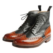 Men&#39;s b Handmade Boots Ankle Black Brown Leather Two Tone Wing Tip Brogu... - $219.03 CAD+