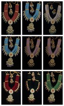 Joharibazar Wide Big Gold Plated Long Kundan Necklace Earrings Jewelry Set  c - £68.60 GBP