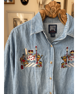 Vintage 90s Quizz Woman Embroidered Frog Heart Chambray Short Sleeve But... - $25.92