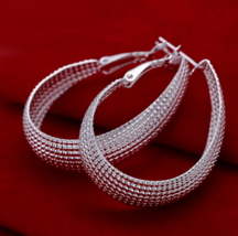 Womens 925 Sterling Silver Oval Shaped Vogue Mesh Band Hoop Earrings - £10.47 GBP
