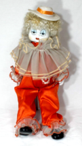 Porcelain Clown Orange Outfit with Hat Blonde Curly Hair- 21&quot; Tall-W/ st... - $44.49