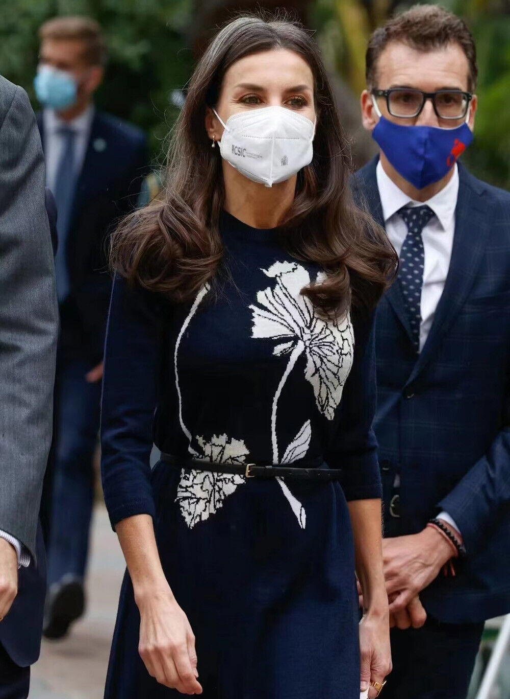 Queen Letizia Inspired Navy Flora Wool Knit Midi Dress with 3/4 Sleeves AU 12 Item image 3
