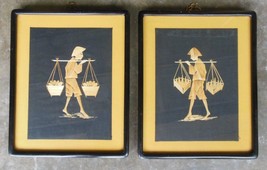 Vintage Set of 2 Rice Straw Pictures Framed / Glass and Mats 11 x 14&quot; Indonesia - £43.66 GBP
