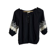 Fiancée Women’s Top Black Embroidery 3/4 Sleeve Size Small Elastic Hem - £11.66 GBP