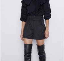 Zara Black  High Waist Elegant Belted Big Pockets Paper Bag Shorts Size XS New - £14.78 GBP