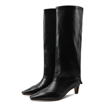 Brand designer Faux Leather Knee Boots Women Fashion Square Toe Bomb Boots Ladie - £103.91 GBP