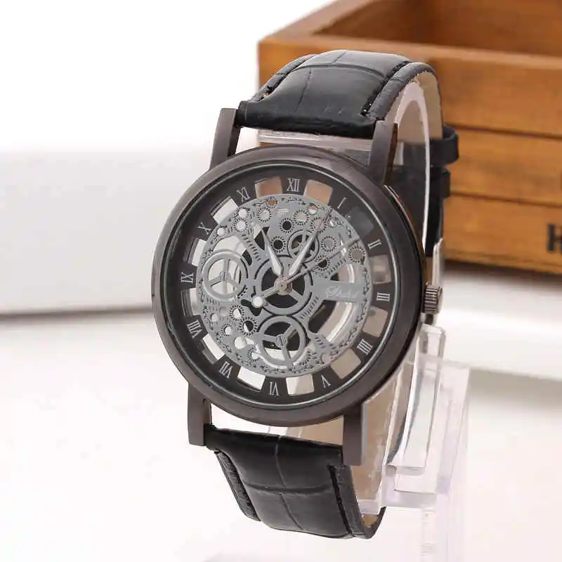 Men Watches Fashion Transparent Hollow Watches Leather Band Quartz Wrist... - $14.27
