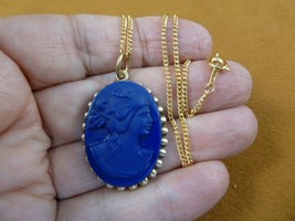 (C-1518) vintage Cobalt blue glass Woman Lady cameo oval brass pendant necklace - £55.19 GBP