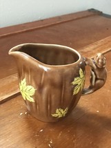 Vintage Small Brown Glazed Pottery Pitcher Creamer with Yellow Maple Lea... - £6.86 GBP